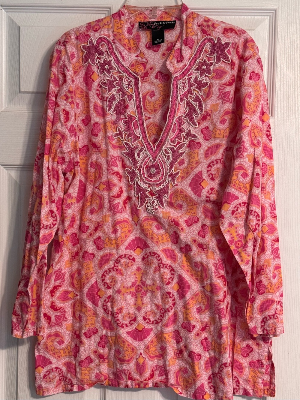 Peck & Peck Weekend Pink Paisley Beaded Embellished V-neck 3/4 Sleeve Tunic XL